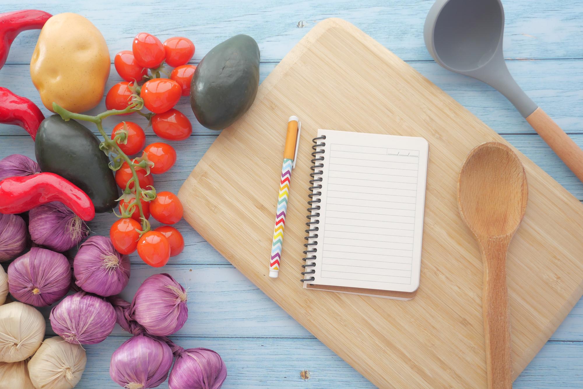 Close-up of ingredients laid out with recipe card