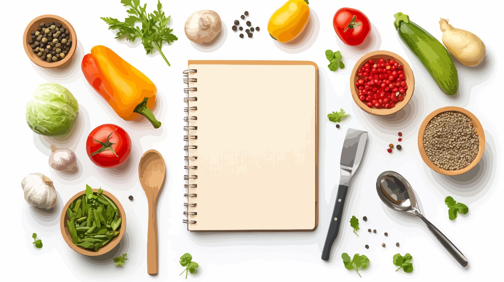 Overhead of a prepared meal kit with fresh ingredients and recipe card